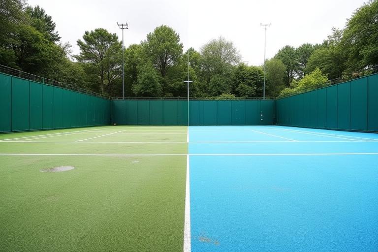 Før og efter billede af en renoveret tennisbane.